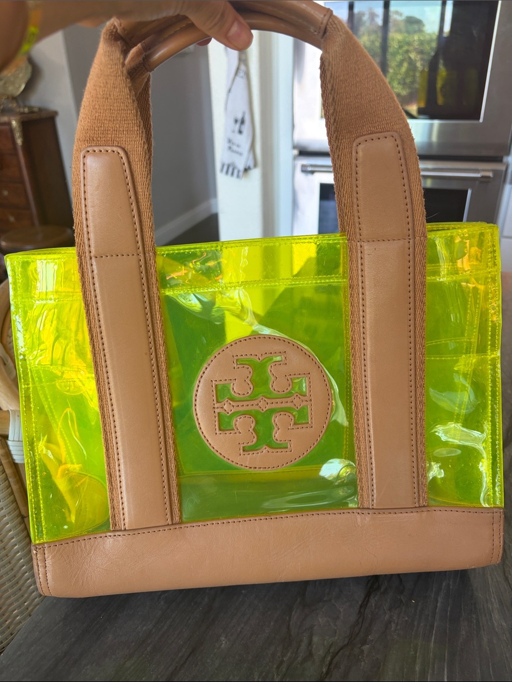 Tory Burch Neon Yellow Clear Tote with Tan Trim - Picture 11 of 11